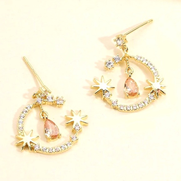 “Stardust Moon” Crystal Pave Crescent 8 Pt Star Morganite Peach Tear Gold Dangle - Picture 2 of 7